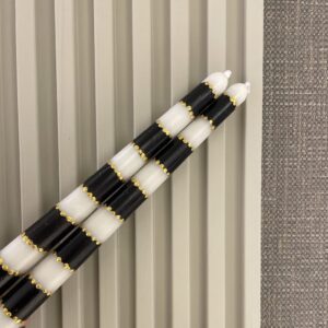 0 Handmade Decorative Hand Painted Taper Candles, 2 Pack | Striped Black & White | for Dinner Table and Interior Decoration