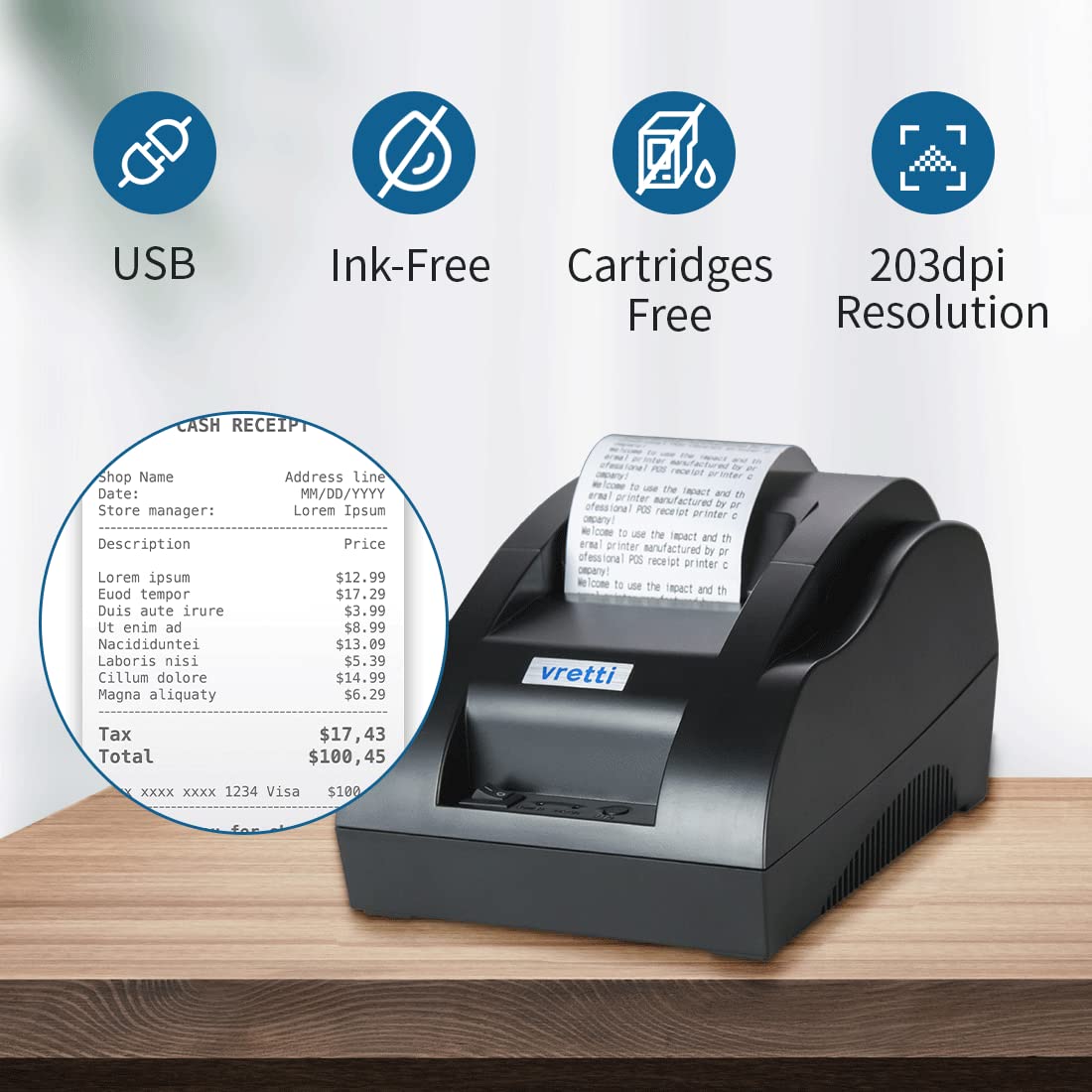 vretti Thermal Receipt Printer, 58mm Small USB Thermal Printer with High-Speed Printing Support to ESC/POS/Window and Mac System, Portable Restaurant Kitchen Printer for Cash Register