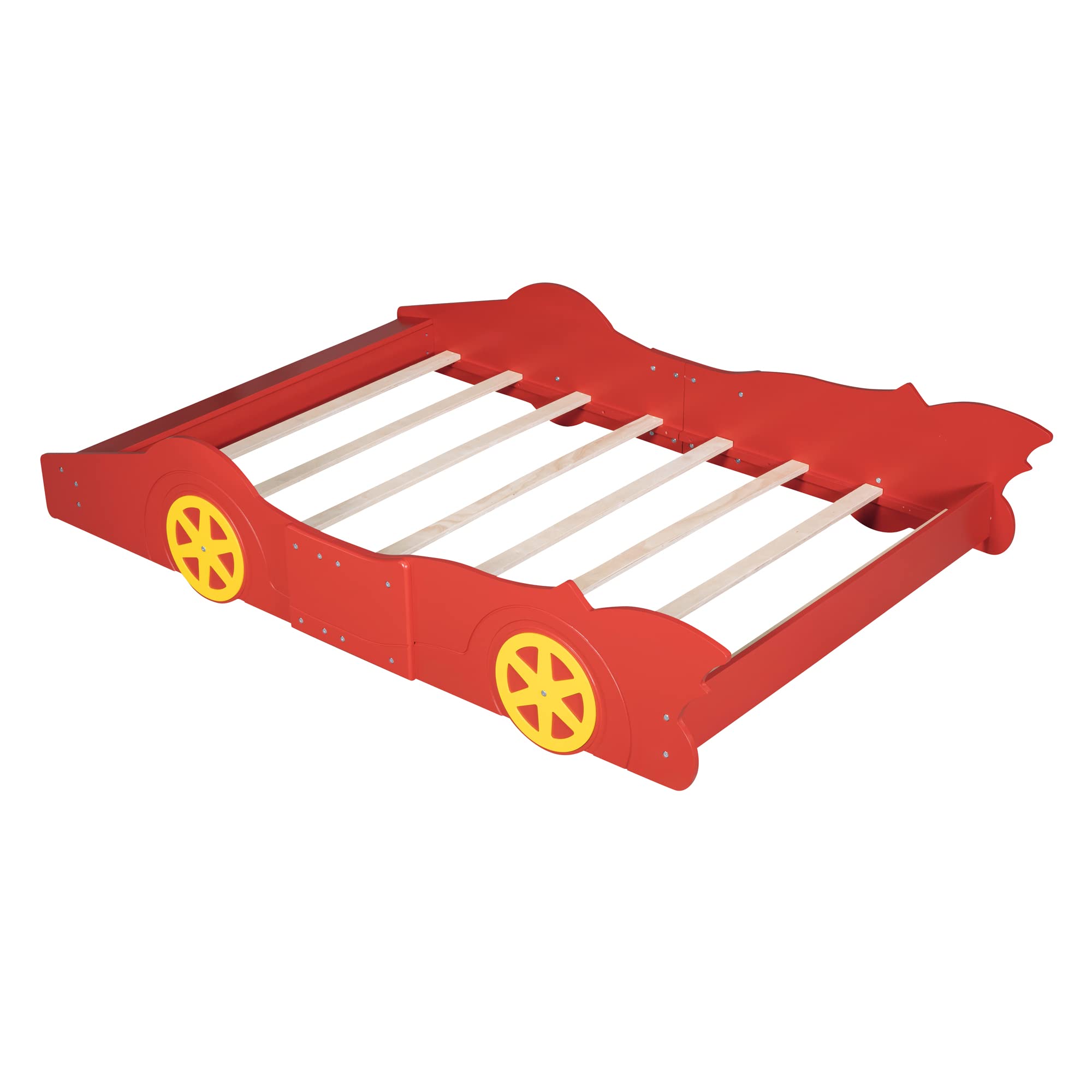 Full Size Race Car Bed for Boys, Wood Low Platform Bed Frame with Support Slats, Full Beds in Race Car-Shaped for Kids Teens, Red