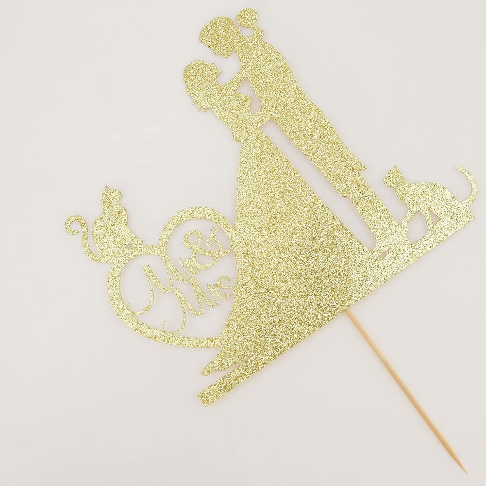 Mr and Mrs Cake Topper, Bride and Groom with Cats Silhouette Wedding Cake Decors, Cats Pet Party Decorations, Gold Glitter