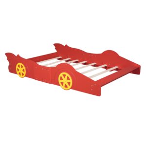 Full Size Race Car Bed for Boys, Wood Low Platform Bed Frame with Support Slats, Full Beds in Race Car-Shaped for Kids Teens, Red