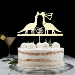 Dinosaurs Wedding Cake Topper, Funny Dinosaurs Kissing Mr & Mrs Cake Decors, Bride and Groom Wedding Party Decorations, Gold Glitter