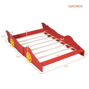 Full Size Race Car Bed for Boys, Wood Low Platform Bed Frame with Support Slats, Full Beds in Race Car-Shaped for Kids Teens, Red