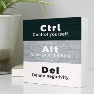 CTRL+ALT+DEL Black and White Wooden Sign Desk Decor,Inspirational Wood Block Sign Desk Decorations for Home Bedroom Office Workplace Desk Shelf Table Decor