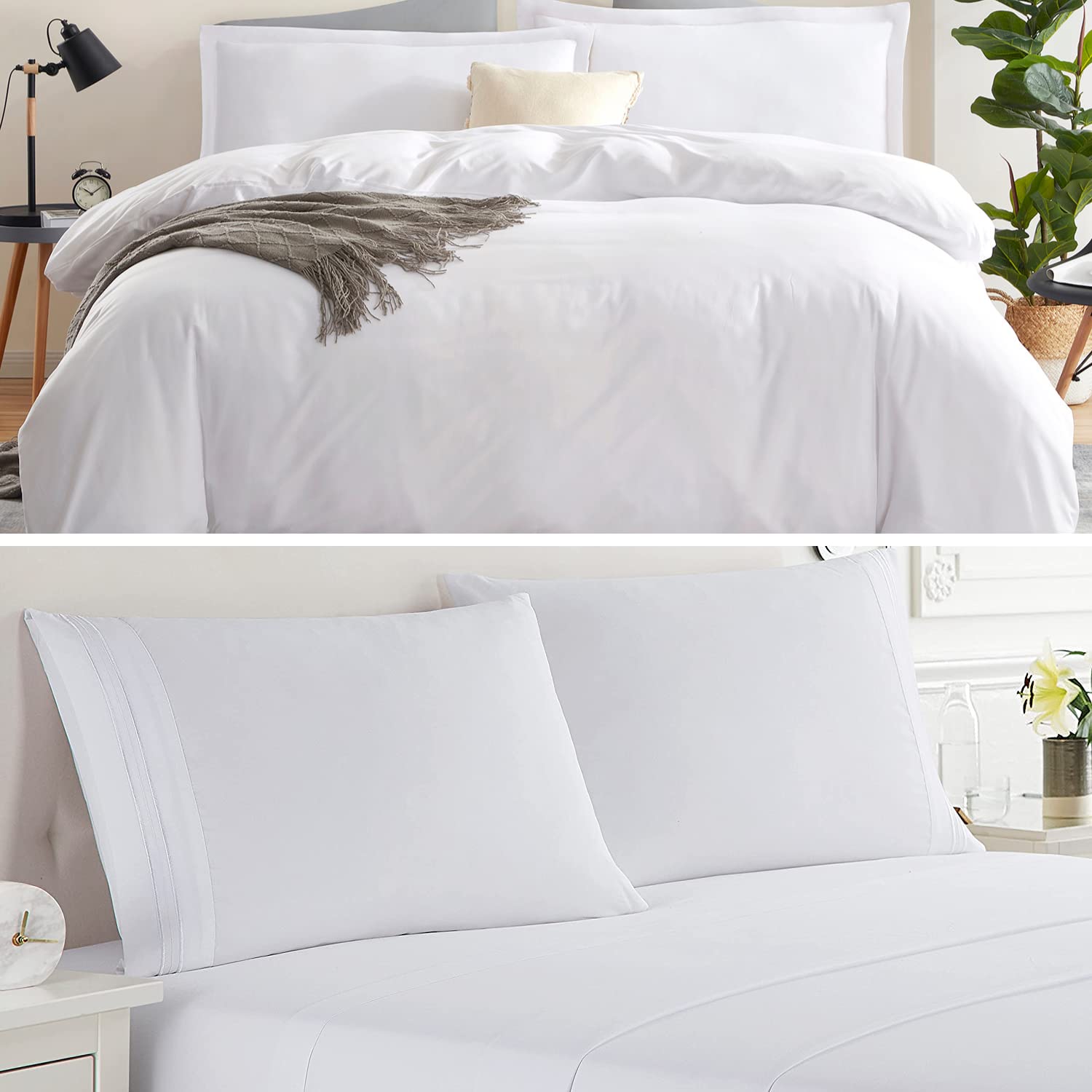 Nestl Double Brushed White Duvet Cover King Size 3 Piece Soft King Duvet Cover Set + King Sheets Set White 4 Piece Bed Sheets for King Size Bed