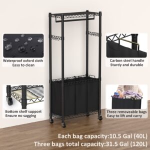 Hodonas Rolling Laundry Basket Organizer with Wheels and Hanging Bar, Laundry Hamper Cart Laundry Sorter 3 Section, Dirty Clothes Hampers for Laundry Bedroom Bathroom w/ 3 Removeable Bags, Black