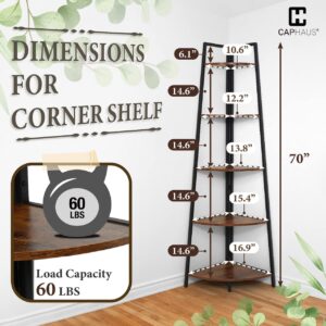 CAPHAUS Tall Corner Shelf Stand, 5-Tier Display Shelves, Ladder Corner Wood Storage Plant Bookshelf with Metal Frame, Versatile Shelving Unit Bookcase for Home Office Space, Rustic Oak