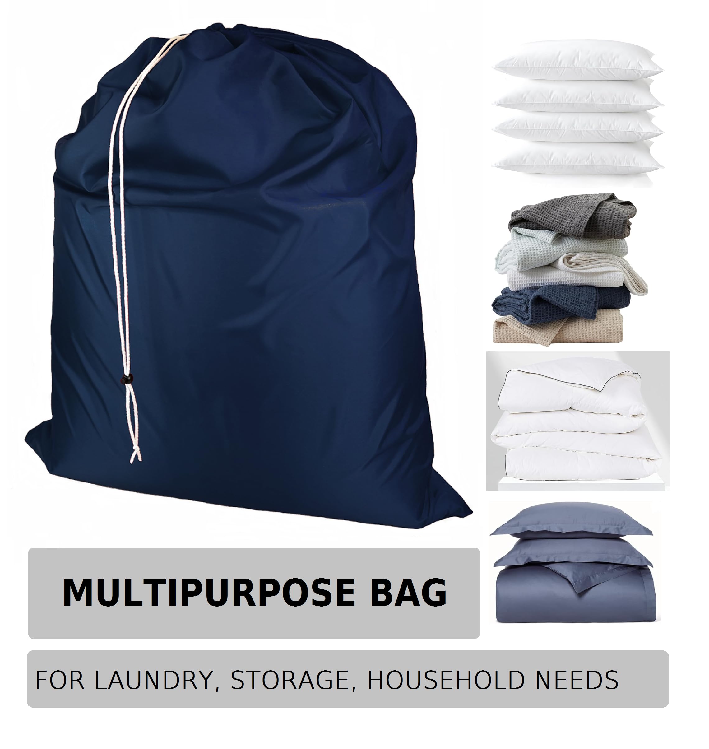 Super Extra Large Heavy Duty 100% Nylon Laundry Storage Bag, H U G E size: L 40" x H 50", Family size Bag with Locking Closure Drawstring, Machine Washable, XXL Organizer Bag. Made in USA (NAVY BLUE)