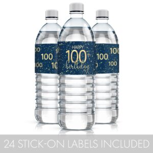 Navy Blue and Gold Happy 100th Birthday Party Water Bottle Labels - Waterproof Stickers - 24 Count