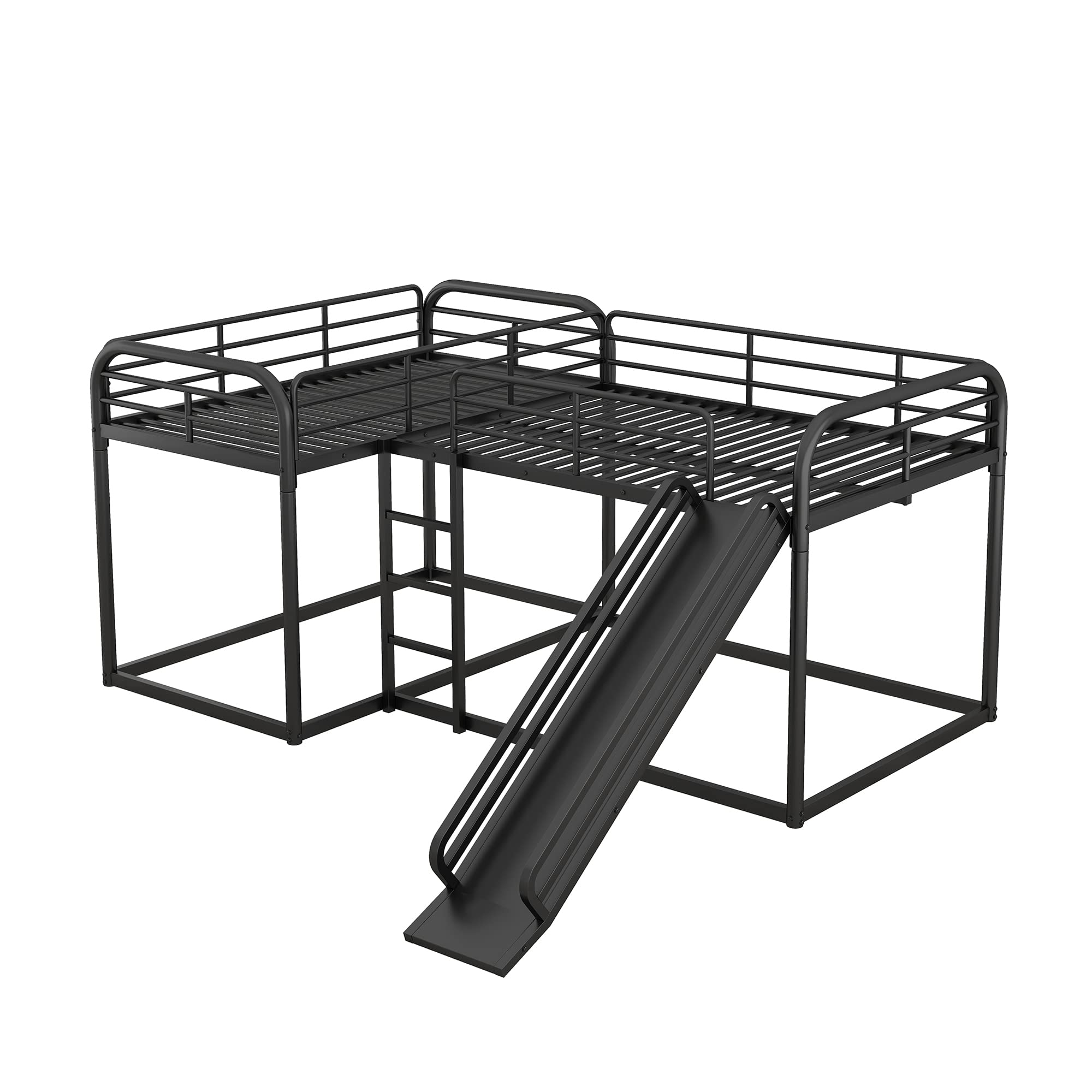 Quad Bunk Bed with Slide, L Shaped Bunk Bed for 4, Heavy-Duty Metal Floor Bunk Bed Frame Full and Twin Size for Kids Teens Girls Boys (Black)