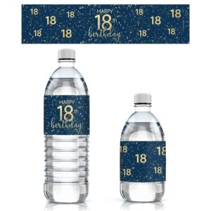 navy blue and gold 18th birthday party water bottle labels, waterproof sticker - 24 count, 18th birthday decorations