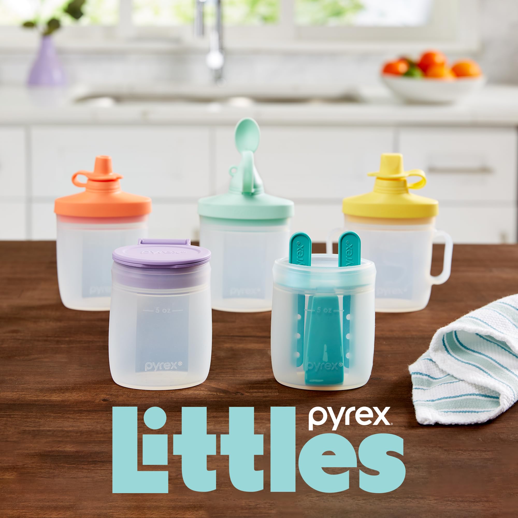 Pyrex Littles (6-PC) Silicone Baby Toddler Feeding Set, 5 OZ Pouches and Lids For Food & Beverage, Airtight Leak-Proof, BPA Free Non-Breakable Dishwasher Safe, Ages 6 Months +