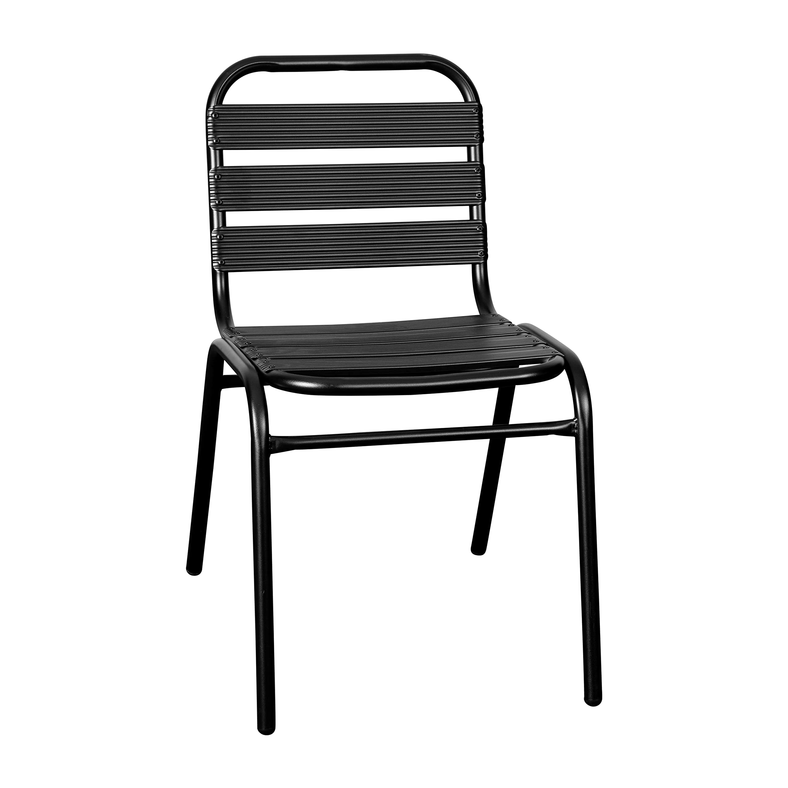 EMMA + OLIVER Jens Stacking Metal Dining Chair - Indoor/Outdoor Dining Chair with Triple Slat Back - Dry Assist Slats - Black