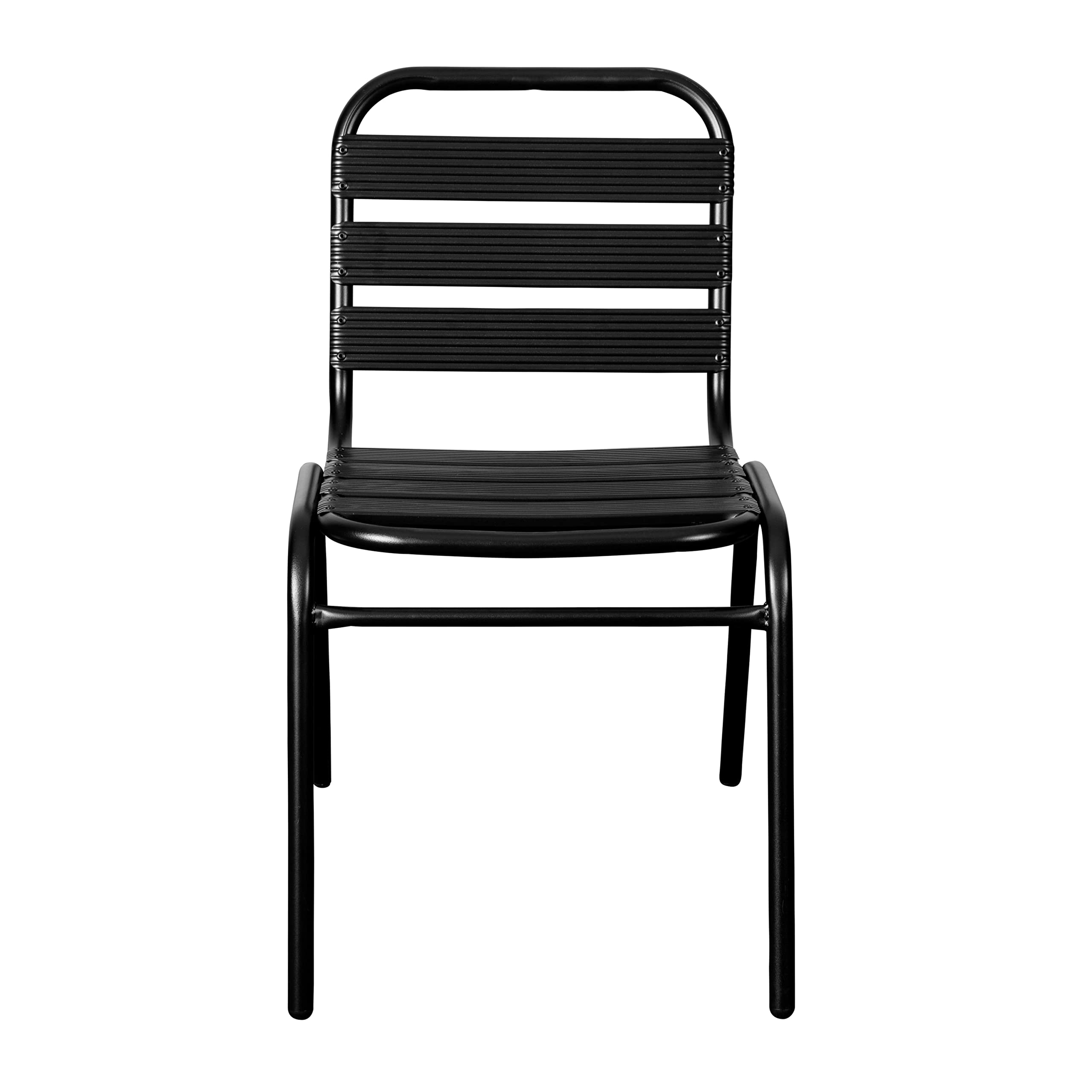 EMMA + OLIVER Jens Stacking Metal Dining Chair - Indoor/Outdoor Dining Chair with Triple Slat Back - Dry Assist Slats - Black