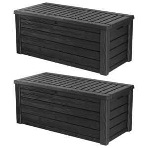 keter westwood outdoor plastic 150 gallon deck storage box organizer for patio furniture, pool toys and yard tools with bench, dark gray, 2 pack