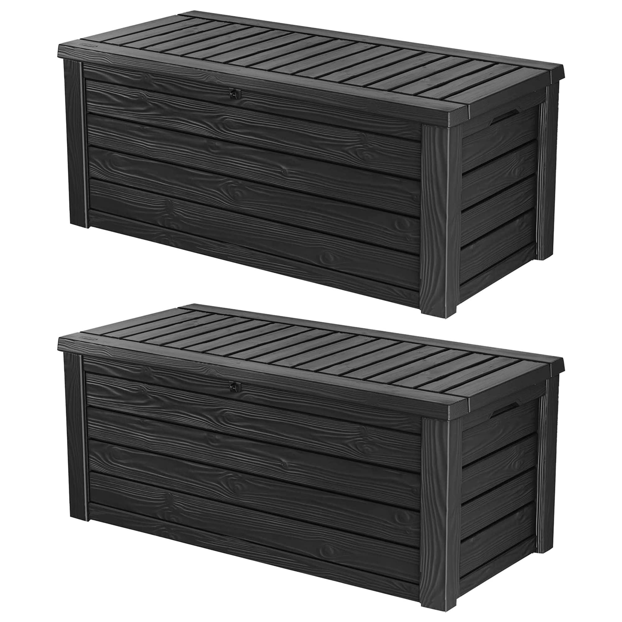 Keter Westwood Outdoor Plastic 150 Gallon Deck Storage Box Organizer for Patio Furniture, Pool Toys and Yard Tools with Bench, Dark Gray, 2 Pack