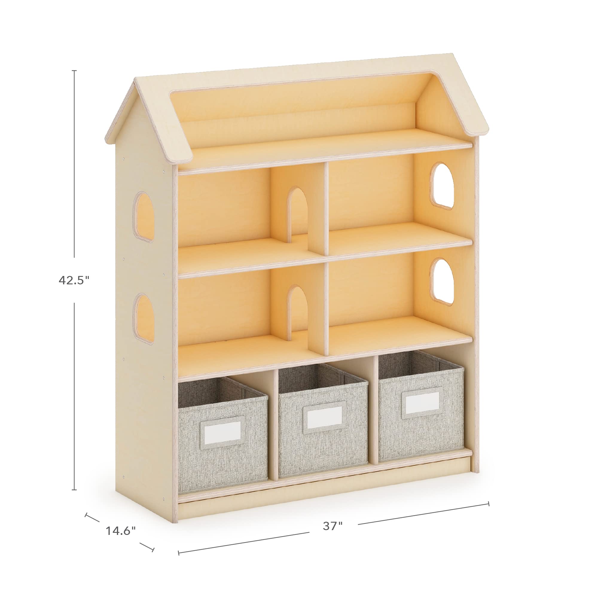 Guidecraft EdQ Dollhouse Bookcase - Natural: Kids' Wooden Organizer Shelves with Removable Storage Bins for Books, Dolls, and School Supplies | Children's Bedroom and Classroom Furniture