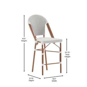 EMMA + OLIVER Colmar Bistro Counter Stool - Stacking Indoor/Outdoor PE Rattan Bar Stool with Bamboo Finish Frame - 26" High - Set of Two - Gray/White