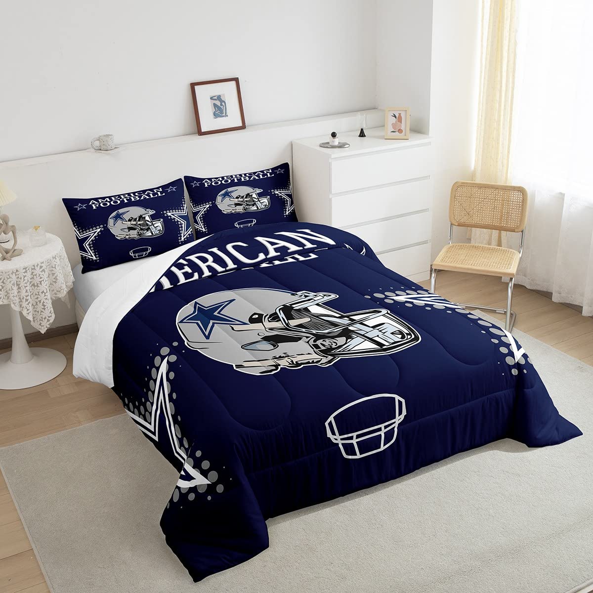 American Football Comforter Set Queen Size Rugby Helmets Bedding Set 3pcs for Kids Boys Teens Men Bedroom Decor Ball Sports Gaming Quilted Duvet Modern Grey Stars Print Duvet Insert,Navy Blue