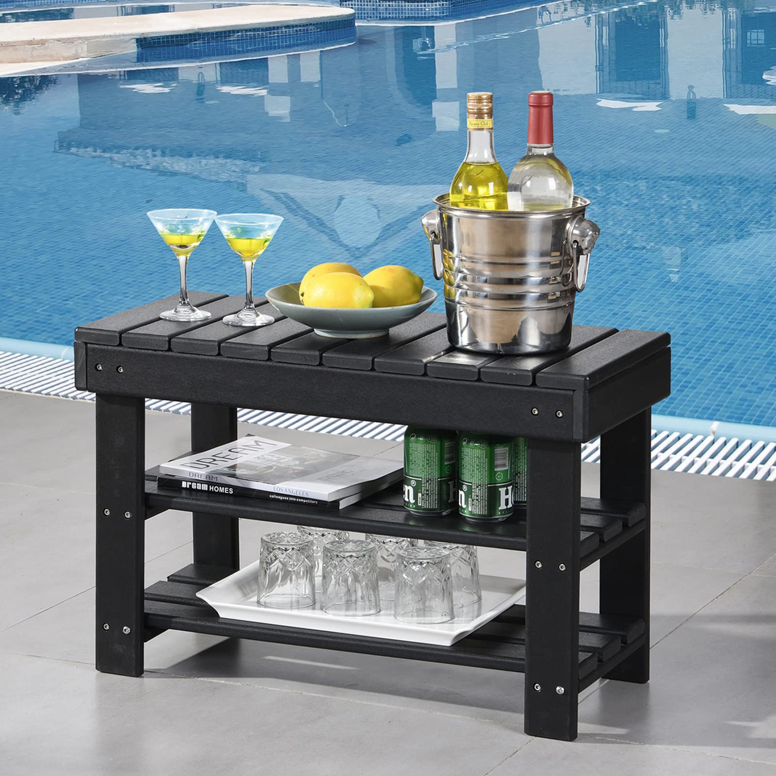 Small Outdoor Side Tables Modern 3-Tier Adirondack Table Rustic End Table HDPE Entryway Shoe Bench Storage Shelf Industrial Corner Rectangle Coffee Table for Patio Garden Balcony Backyard Pool Black