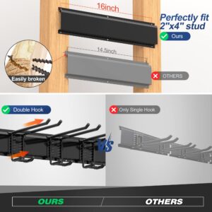 Sttoraboks Garage Tool Storage Rack, Heavy Duty Garage Storage Organizer Rack System,Wall Mounted Tool with 8 double hooks, 3 rails, Garden Yard Tools Hanger Rack for Ski Gears,Broom, Rake,Shovel