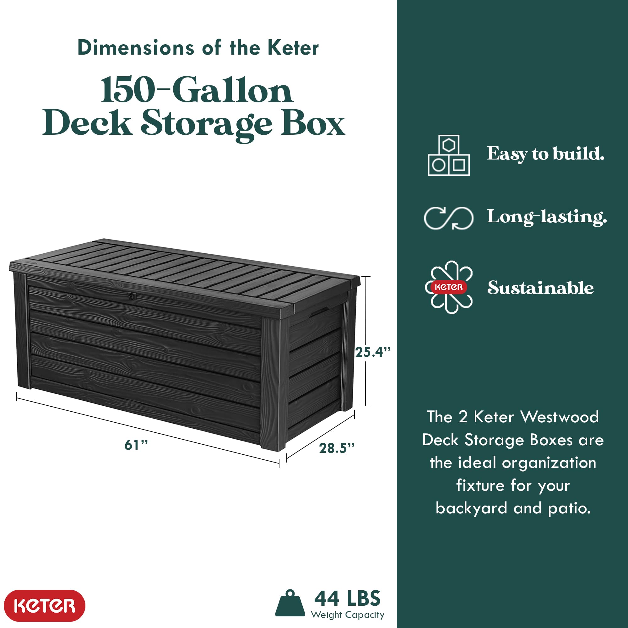 Keter Westwood Outdoor Plastic 150 Gallon Deck Storage Box Organizer for Patio Furniture, Pool Toys and Yard Tools with Bench, Dark Gray, 2 Pack