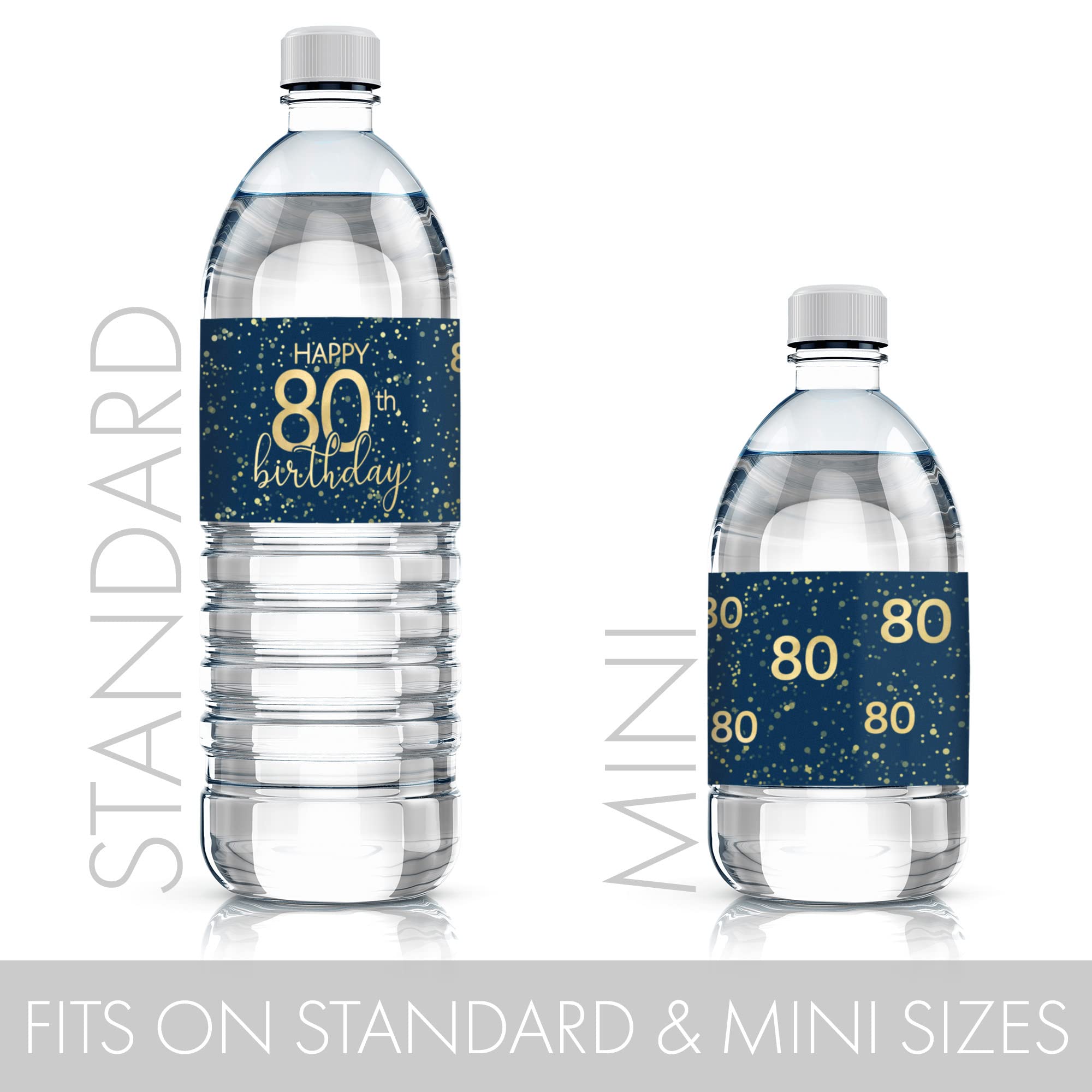 Navy Blue and Gold Happy 80th Birthday Party Water Bottle Labels - 24 Waterproof Stickers