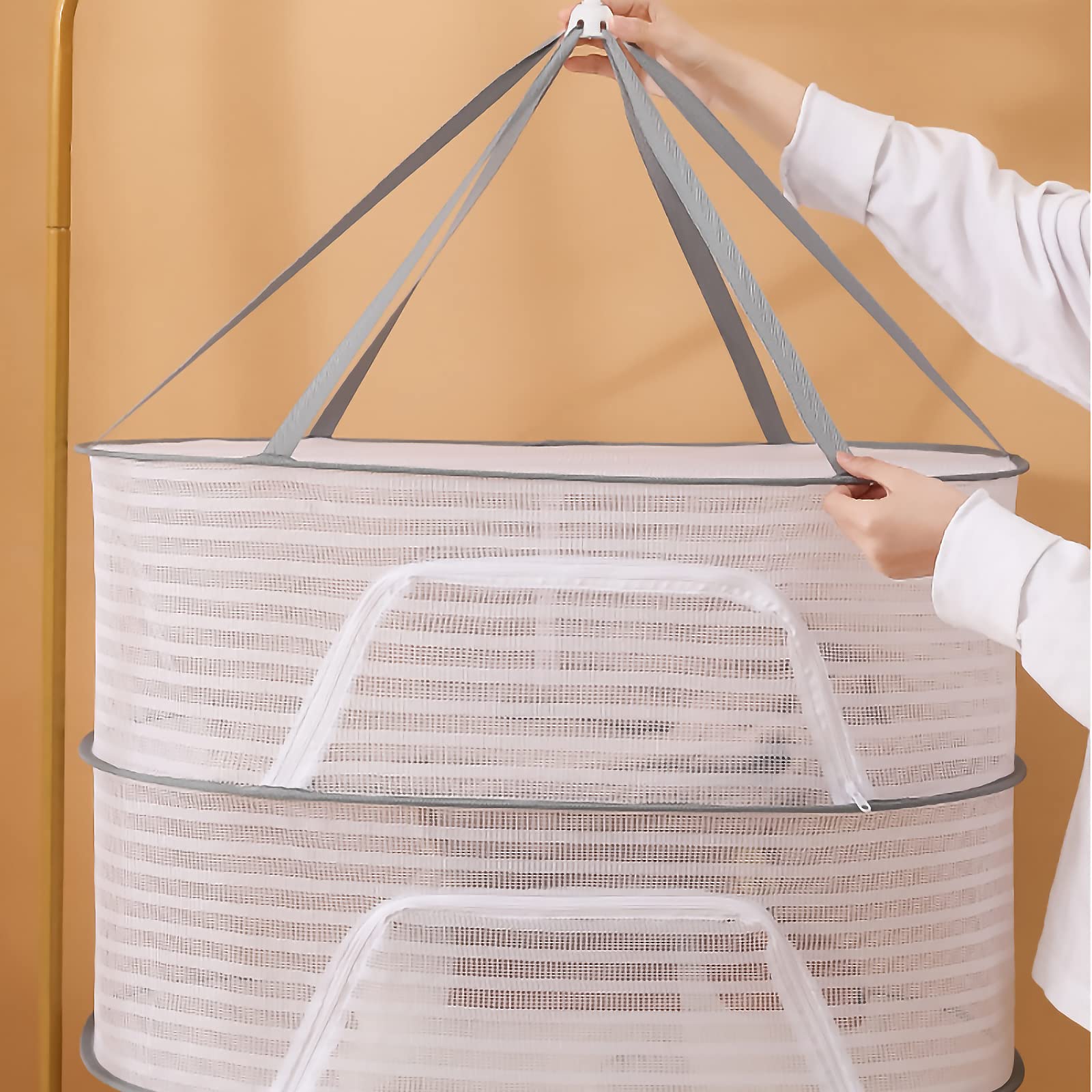 Knchy Hanging Mesh Drying Rack, 4 Layer Collapsible Drying Net Rack Large Clothes Dry Basket with U Shape Zipper, Indoor and Outdoor Plants Dryer for Shrimp, Fish, Fruit, Vegetable, Herb Dehydrating