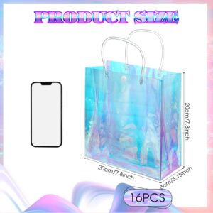 Sherr 16 Pcs Holographic Small Gift Bag Reusable Iridescent Clear Bags for Women PVC Plastic Goodie Bags with Handles for Shopping Christmas Holiday Gift Party Favor(Rainbow, 7.87" x 7.87" x 3.15")