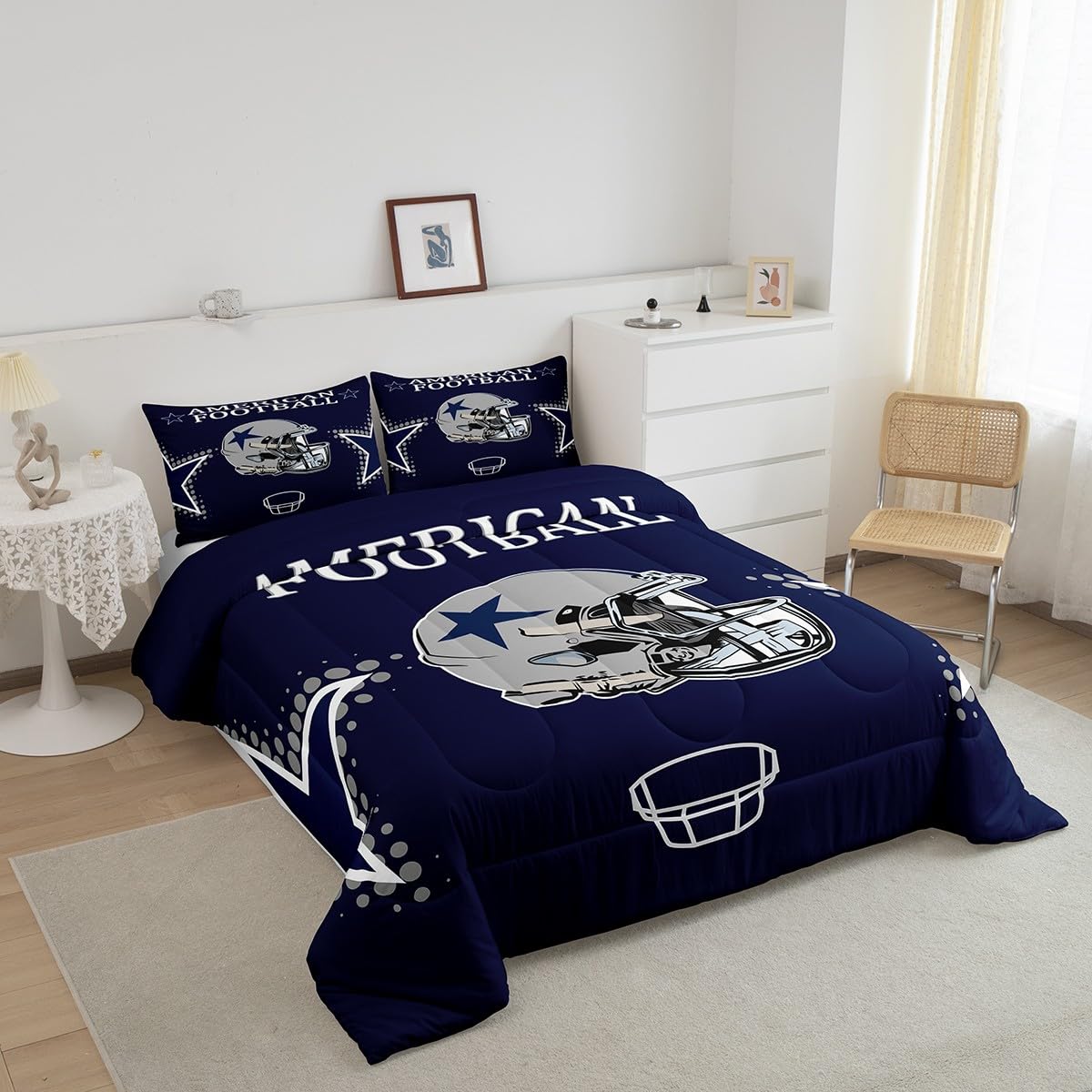 American Football Comforter Set Queen Size Rugby Helmets Bedding Set 3pcs for Kids Boys Teens Men Bedroom Decor Ball Sports Gaming Quilted Duvet Modern Grey Stars Print Duvet Insert,Navy Blue