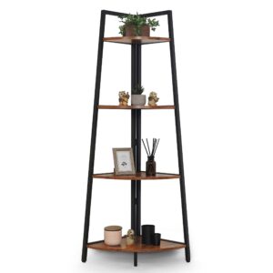 CAPHAUS Tall Corner Shelf Stand, 4-Tier Display Shelves, Ladder Corner Wood Storage Plant Bookshelf with Metal Frame, Versatile Shelving Unit Bookcase for Home Office Space, Rustic Oak