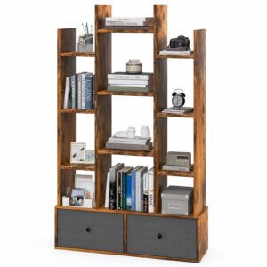 giantex 9-cube bookcase with 2 drawers - industrial freestanding open display shelving with anti-toppling device, 12 storage shelves, wooden tree shaped bookshelf for living room, rustic brown