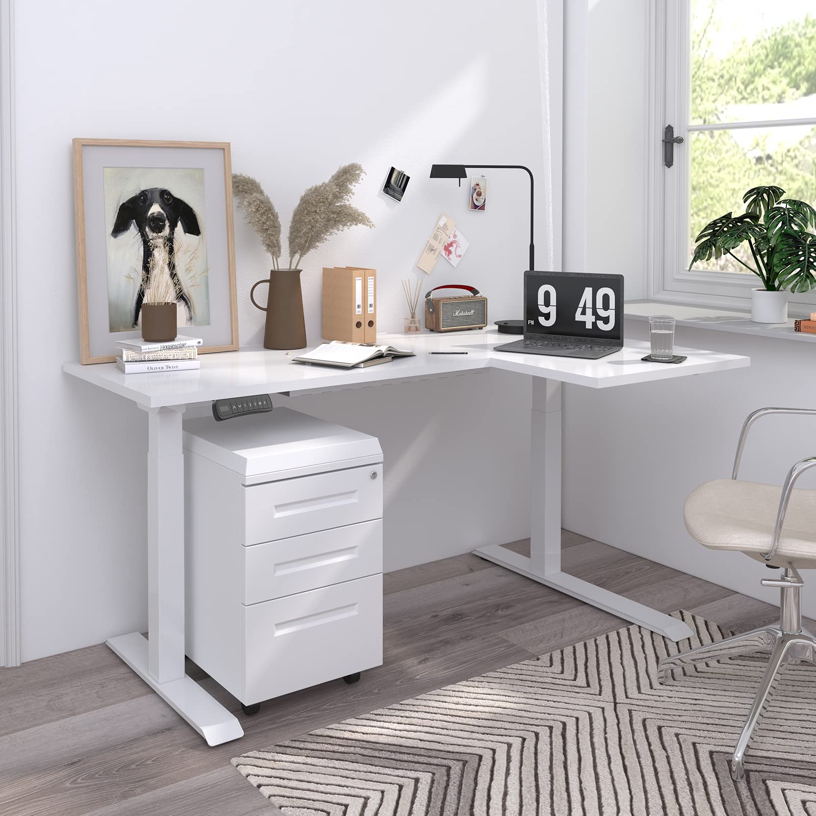 SANODESK 63-Inch Large Dual Motor L-Shaped Electric Height Adjustable Standing Desk - Reversible Panel - White Top/Black Frame - Ideal for Gaming, Home Office or Computer Workstation