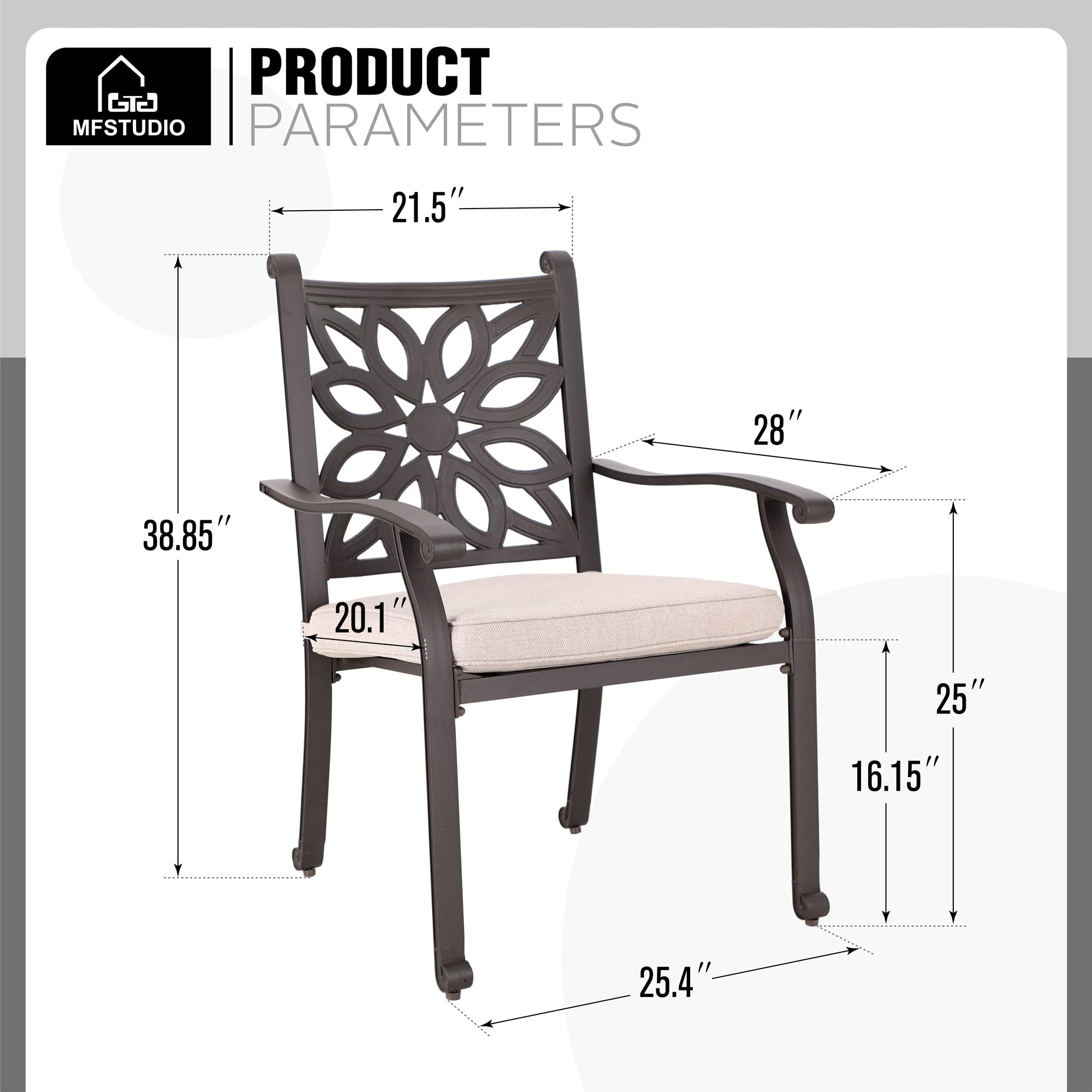 MFSTUDIO Cast Aluminum Retro Design Outdoor Dining Chair Set of 2 with Extra Wide Seat and Cushion, Brown