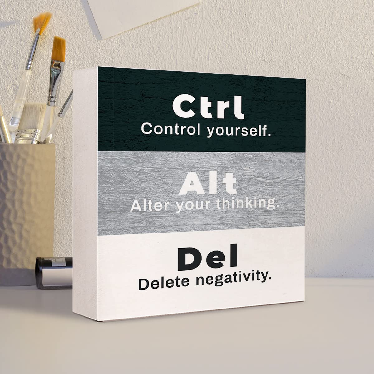 CTRL+ALT+DEL Black and White Wooden Sign Desk Decor,Inspirational Wood Block Sign Desk Decorations for Home Bedroom Office Workplace Desk Shelf Table Decor