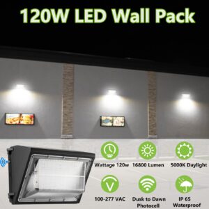 2PACK Dusk to Dawn 120W LED Wall Pack Light Fixture, 15600LM 600-800W HPS/HID Equivalent, 5000K Daylight Commerical/Industrial Outdoor Security Lighting, ETL for Parking Lot,Warehouse,Entrance