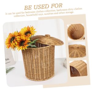 ORFOFE Storage Basket with Lid Organizer with Lid Storage Baskets with Lid Round Basket Rattan Waste Basket Bedroom Storage Basket Wicker Waste Basket Tabletop Basket Laundry Hamper Pp