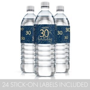 Navy Blue and Gold 30th Birthday Party Water Bottle Labels - 24 Waterproof Stickers, 30th Birthday Party Favors