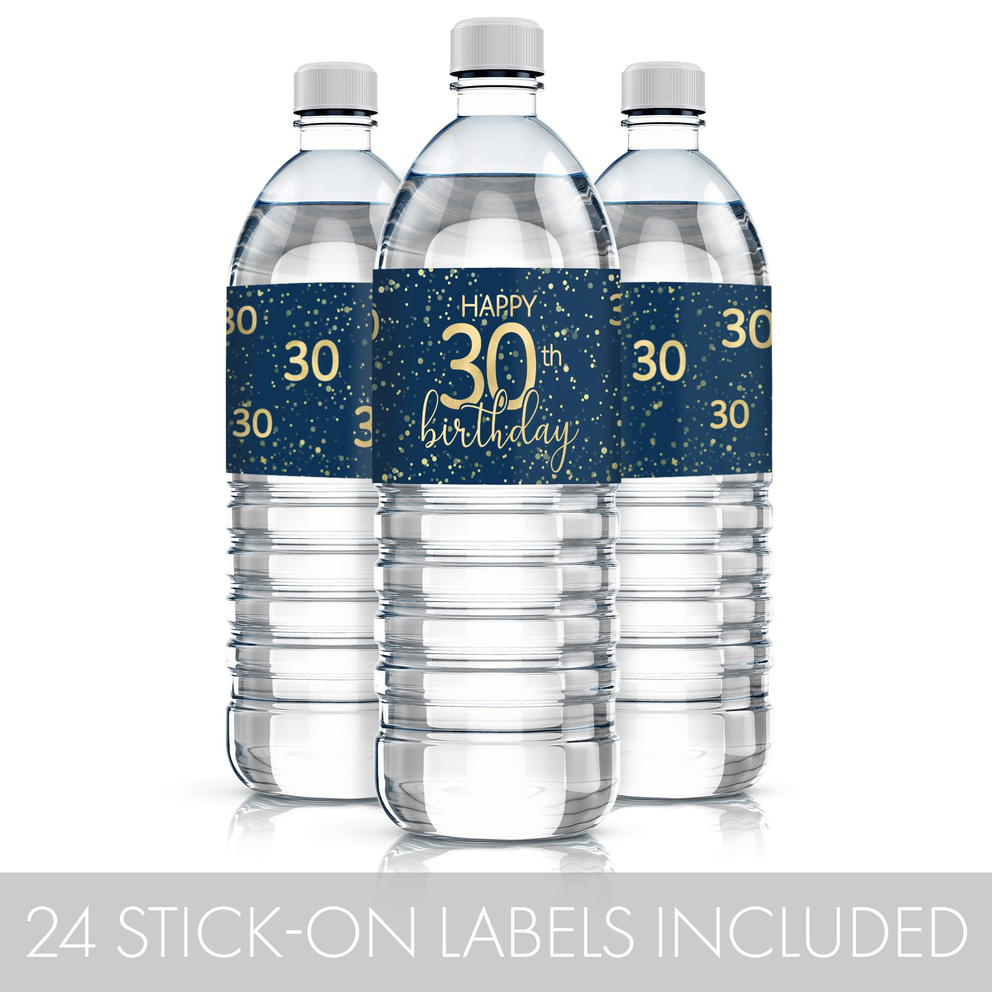 Navy Blue and Gold 30th Birthday Party Water Bottle Labels - 24 Waterproof Stickers, 30th Birthday Party Favors