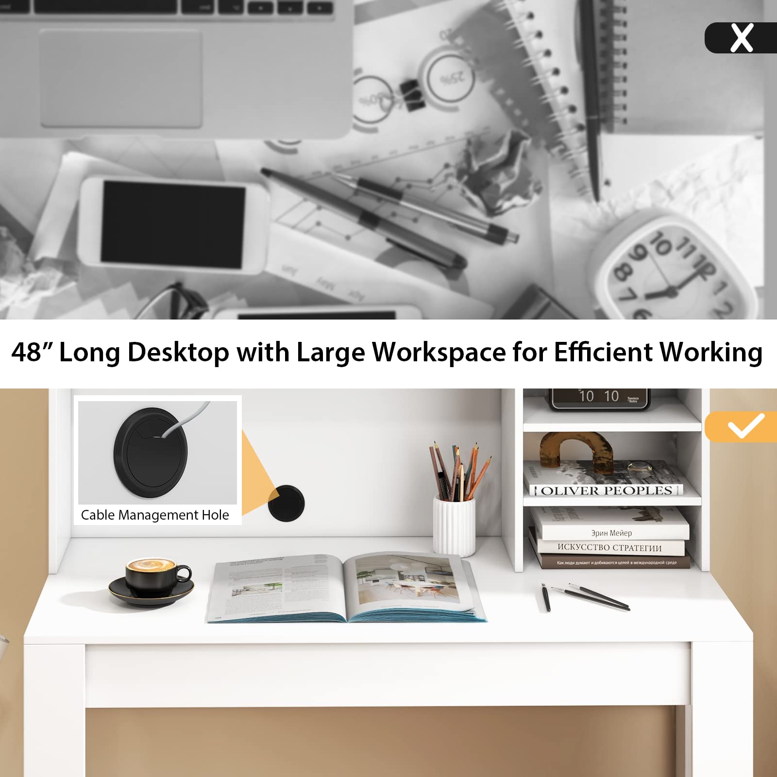 Giantex White Computer Desk with Bookshelf, 48" Home Office Writing Desk with Anti-Tipping Kits & Cable Management Hole, Modern Study Table Workstation for Small Space Bedroom