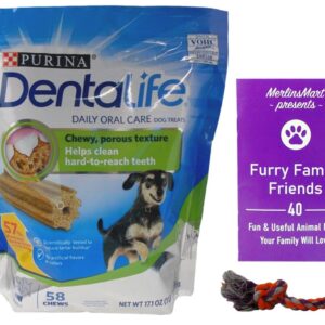 Daily Oral Care Chews Dental Dog Treats - Mini Snacks for Small Breeds (58 Count) - Plus Rope Toy and Fun Animal Facts Booklet Bundle