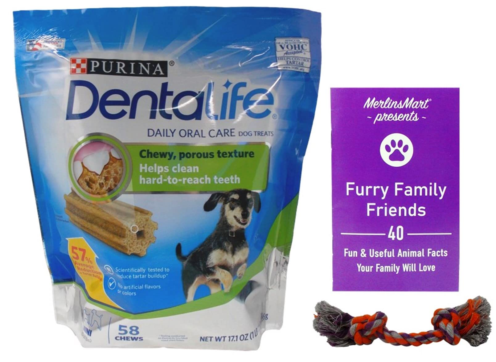 Daily Oral Care Chews Dental Dog Treats - Mini Snacks for Small Breeds (58 Count) - Plus Rope Toy and Fun Animal Facts Booklet Bundle