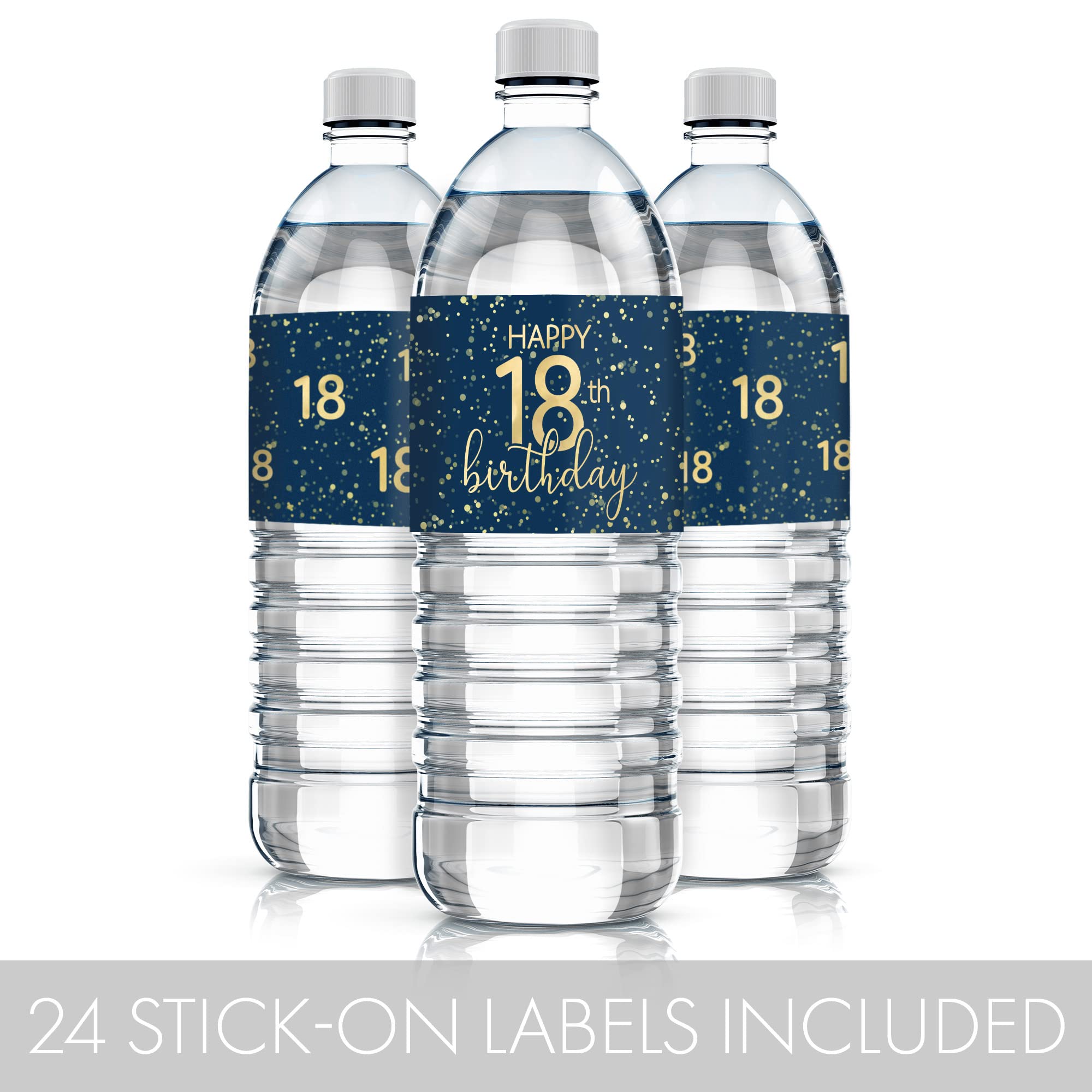 Navy Blue and Gold 18th Birthday Party Water Bottle Labels, Waterproof Sticker - 24 Count, 18th Birthday Decorations