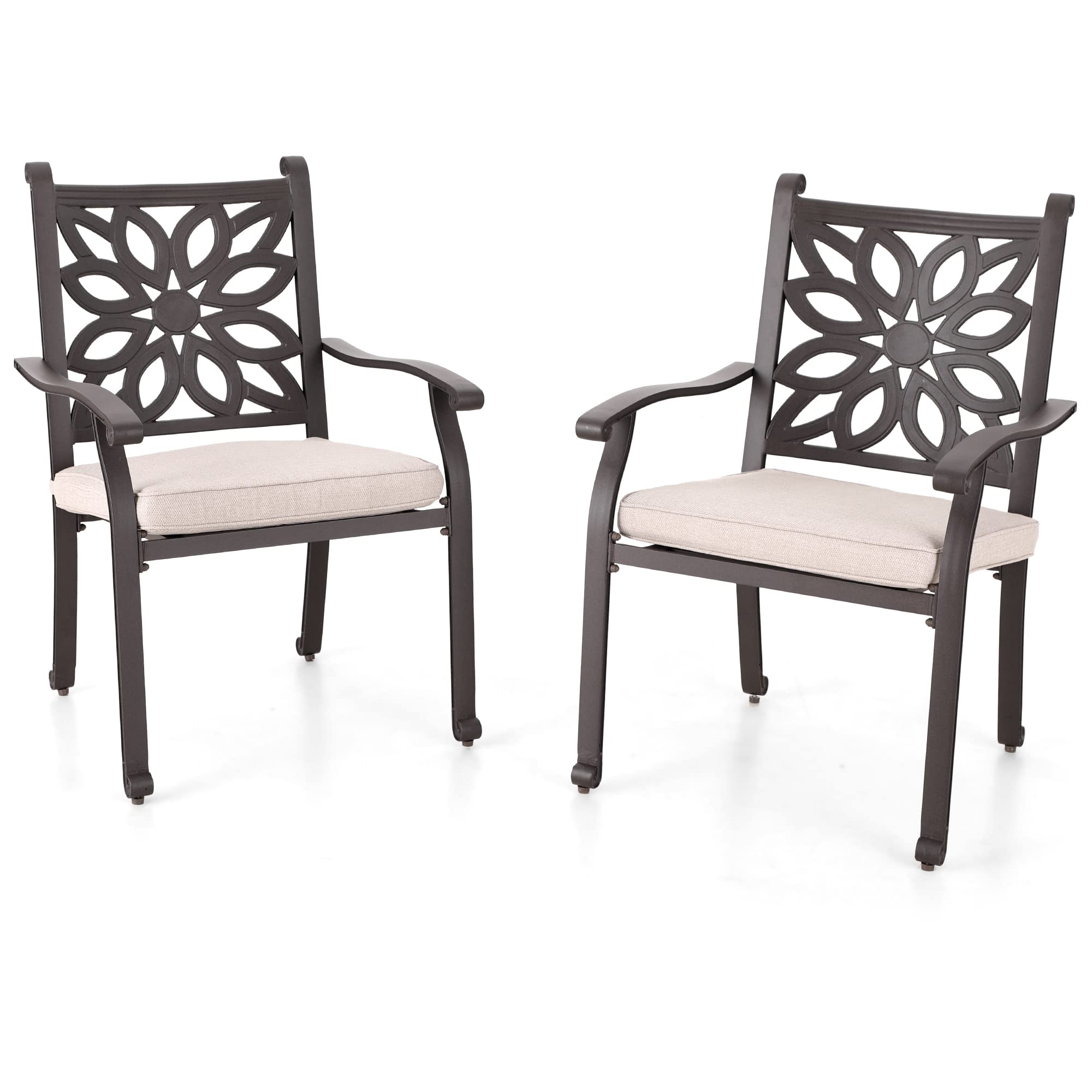 MFSTUDIO Cast Aluminum Retro Design Outdoor Dining Chair Set of 2 with Extra Wide Seat and Cushion, Brown