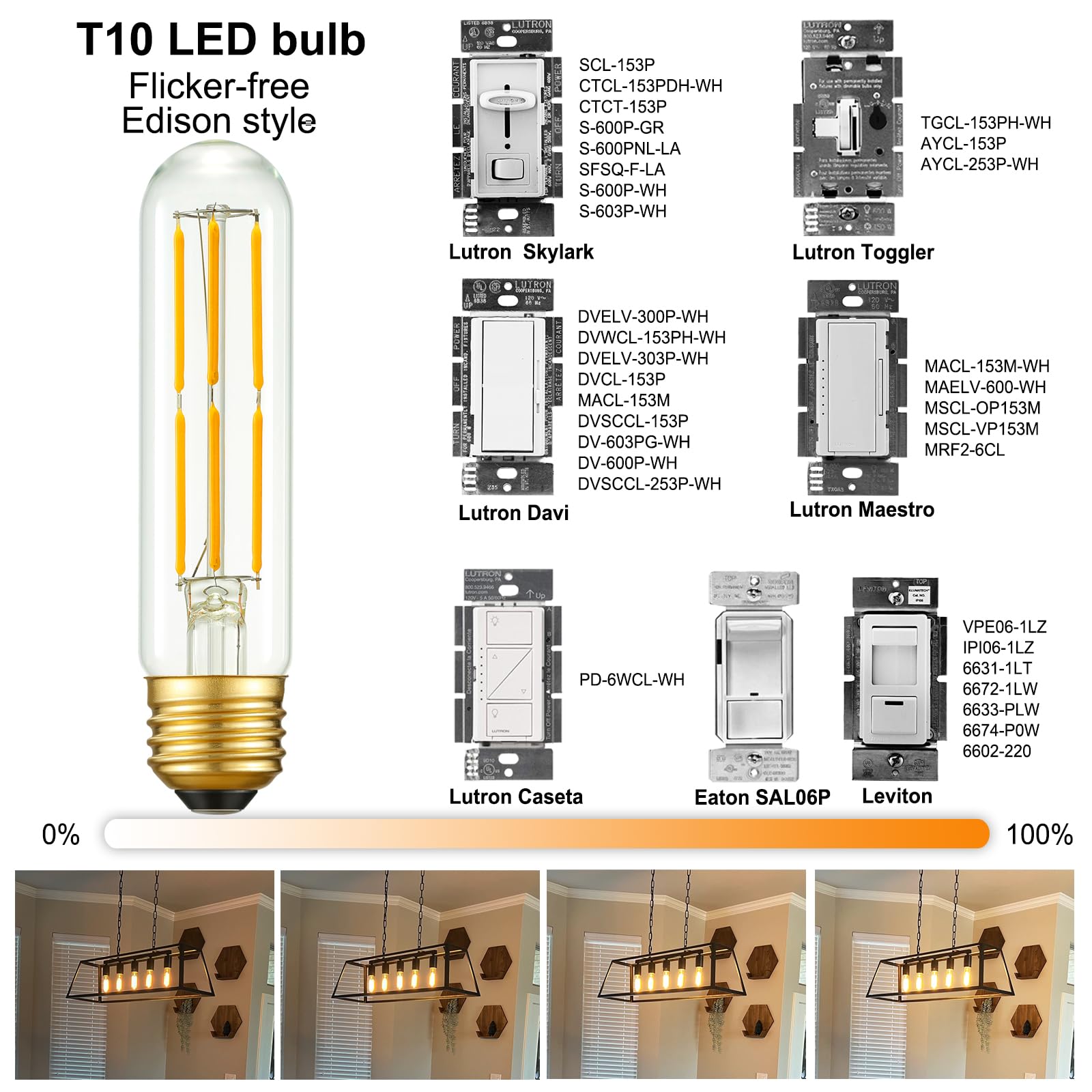 Arberlic 5 Inch T10 LED Bulb,6W Tubular Light Bulb Equivalent E26 led Bulb 60 watt dimmable,Warm White 2700K,600lm,CRI85+,AC120V,Edison Style,Clear Glass,Flicker Free,Pack of 6