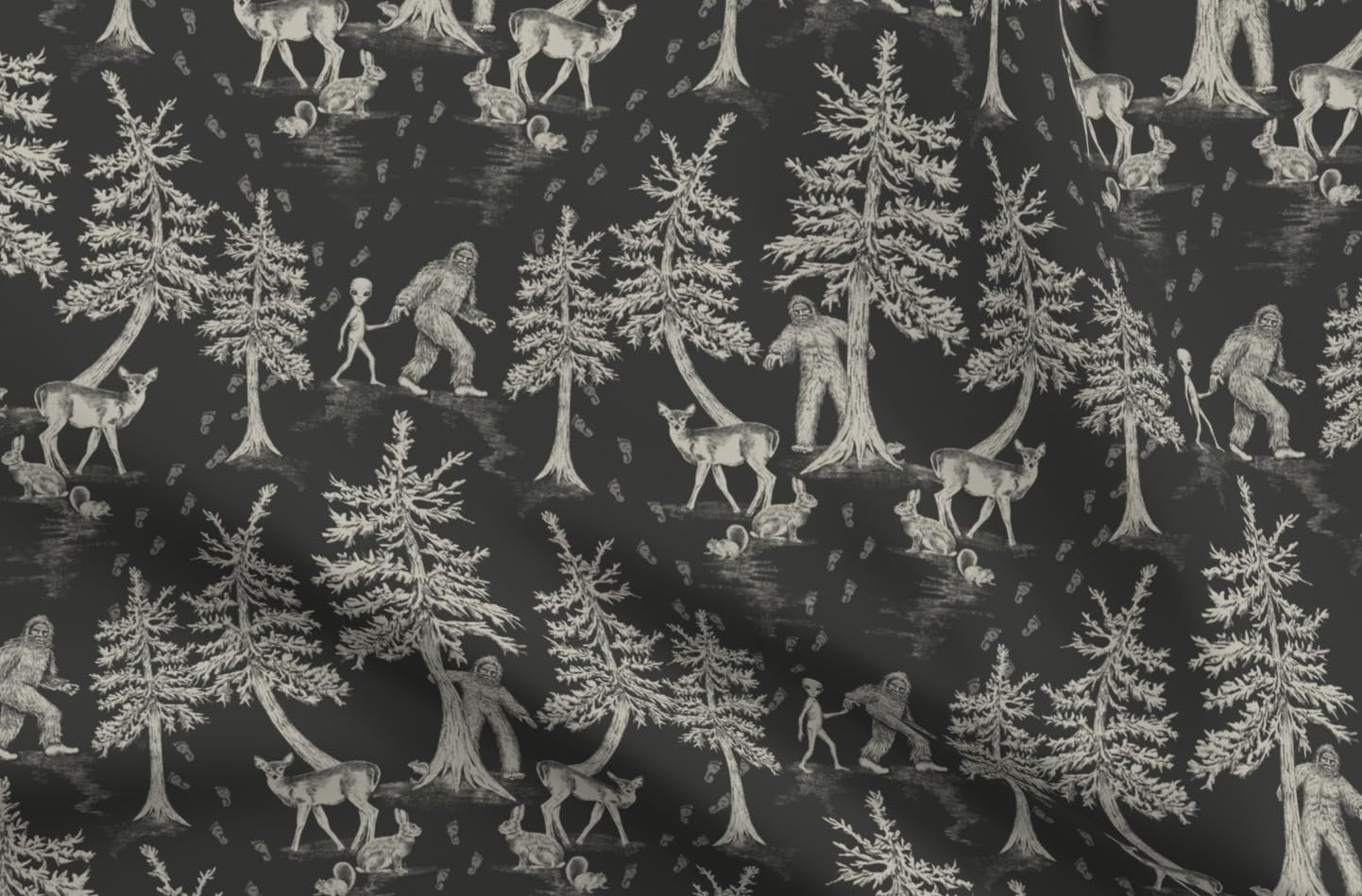 Spoonflower Fabric - Sasquatch Cryptids Charcoal Gray Cryptozoology Aliens Printed on Petal Signature Cotton Fabric Fat Quarter - Sewing Quilting Apparel Crafts Decor