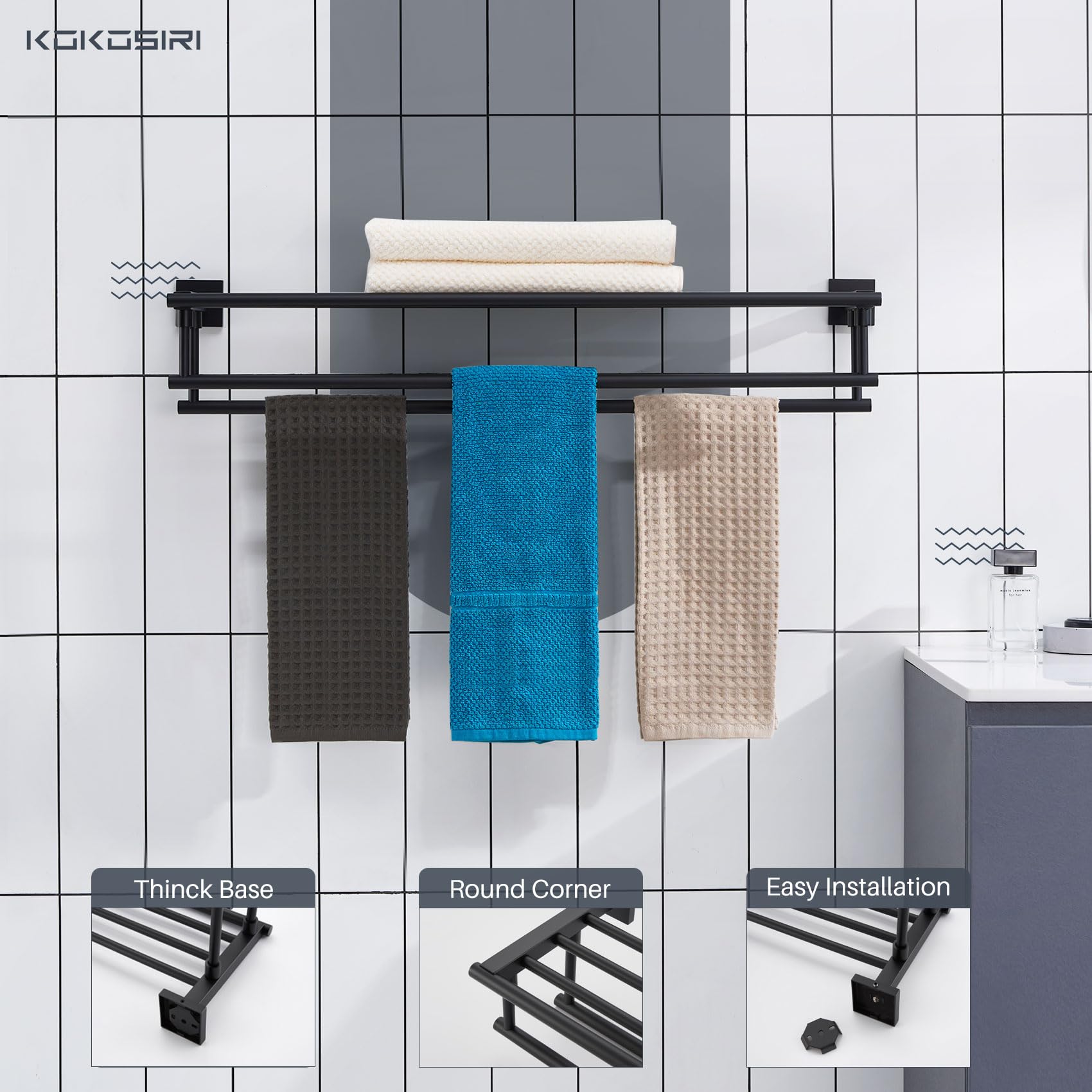 KOKOSIRI Bath Towel Rack with Double Towel Bars 32-Inch Bathroom Towel Shelves Towel Holder Wall Mounted Stainless Steel, Matte Black, B6005BK-L32