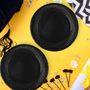 Zuazaor 50Pcs Disposable Black Paper Plates 7 Inches Graduation Halloween Party Plates Dessert Plates Round Paper Plate,Also for Weddings Birthdays Christmas Party Supplies (black)