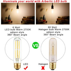 Arberlic 5 Inch T10 LED Bulb,6W Tubular Light Bulb Equivalent E26 led Bulb 60 watt dimmable,Warm White 2700K,600lm,CRI85+,AC120V,Edison Style,Clear Glass,Flicker Free,Pack of 6