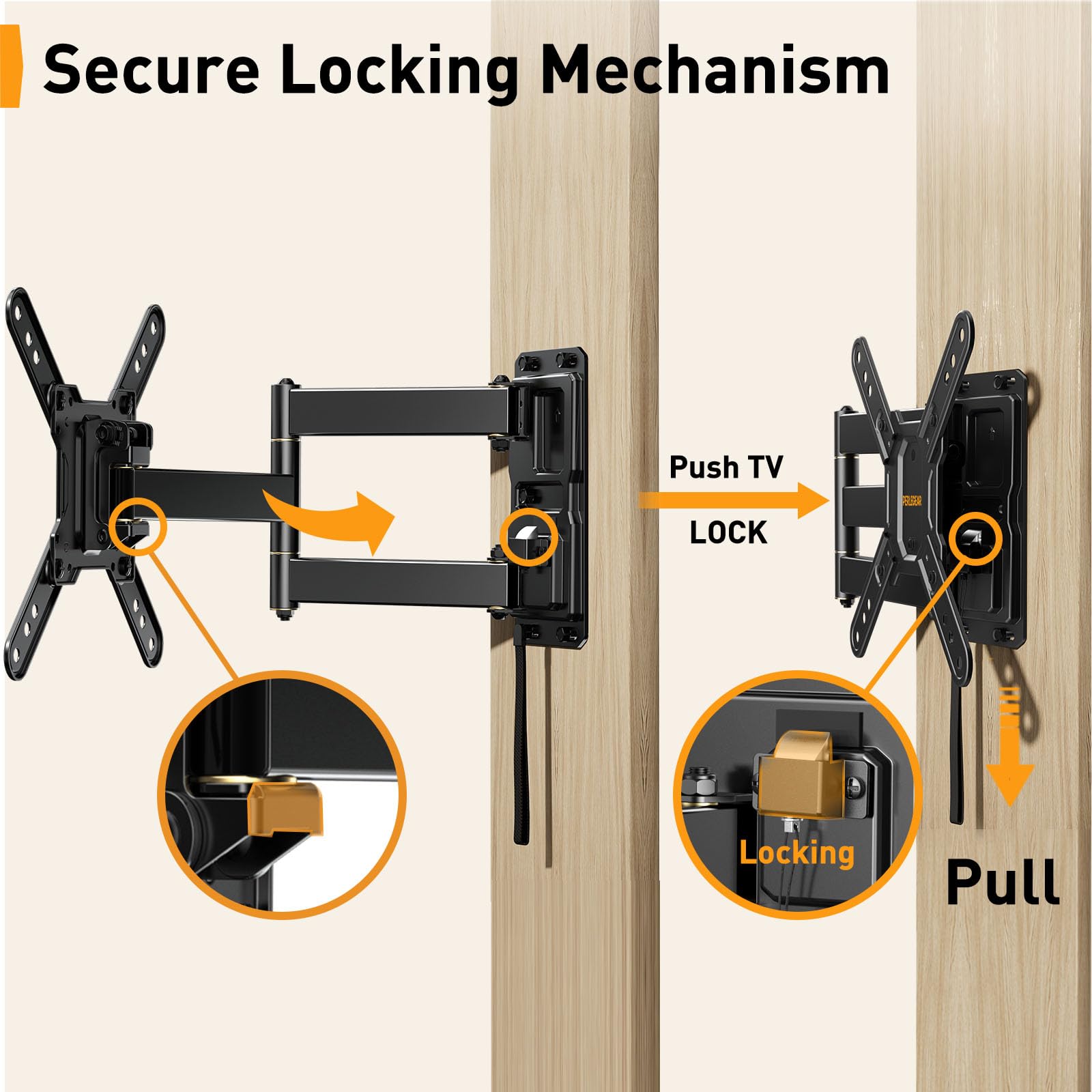 Perlegear Lockable RV TV Mount for 13–42 inch TVs up to 44 lbs, Full Motion RV TV Wall Mount with Swivel, Tilt, Pull Cord Lock, RV TV Mount for Camper, RV, Motorhome, Max VESA 200x200mm, PGLRVF2